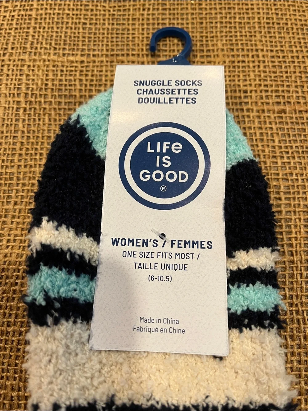 Life Is Good Cozy Fuzzy Stripe Crew Socks in Black, Light Blue & Cream